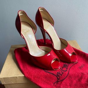 Christian Louboutin red cerise Madame Claude 120 patent leather peep toe pumps